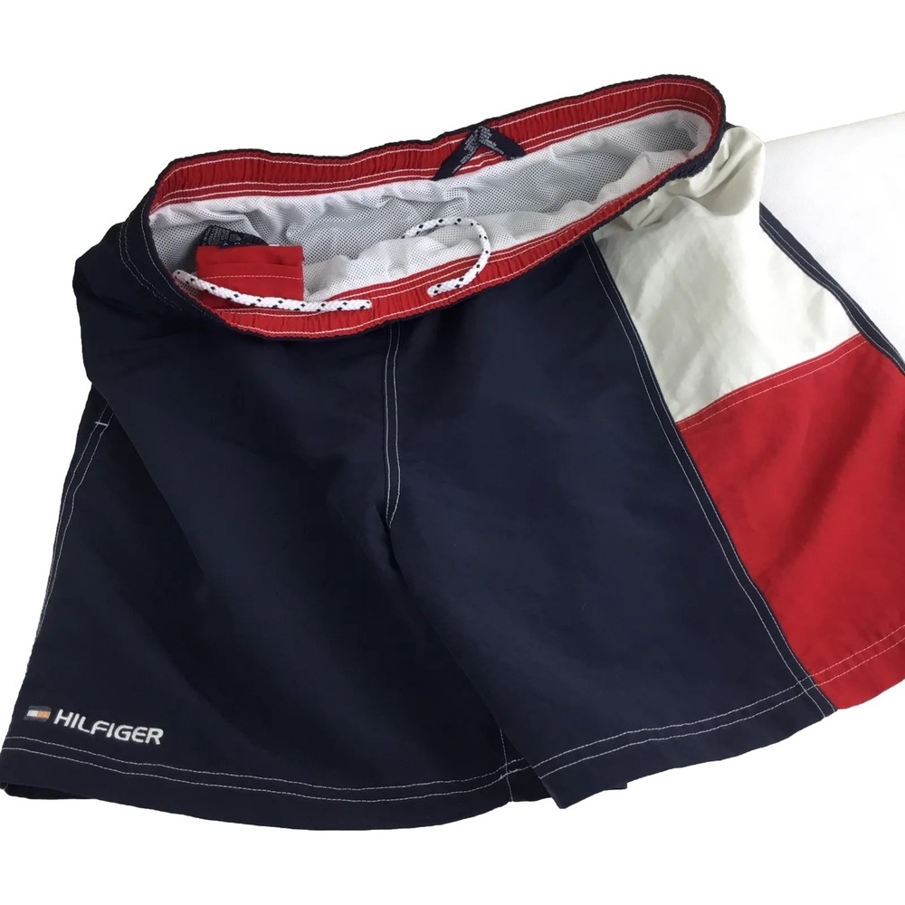 Tommy Hilfiger Swim Trunks Shorts Mens L Flag Spell Out Colorblock 90s Vintage